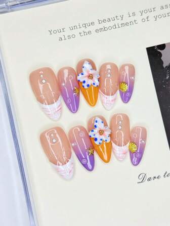 10 件中号杏仁形按压指甲，多色渐变和 3D 花朵、海星设计，100% 手工制作的丙烯酸指甲，可重复使用的指甲用品包括果冻胶、棒和指甲锉，适合女性日常或派对佩戴