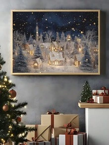 1pc Vintage Christmas Wall Art Christmas Snow Landscape Village Night Stars Poster Canvas Prints Painting Modern Winter Home Decoration, Ice Skating Oil Painting Horizontal Print Winter Night Canvas Wall Art Mountain Village Decor Christmas Decorations Room Decor