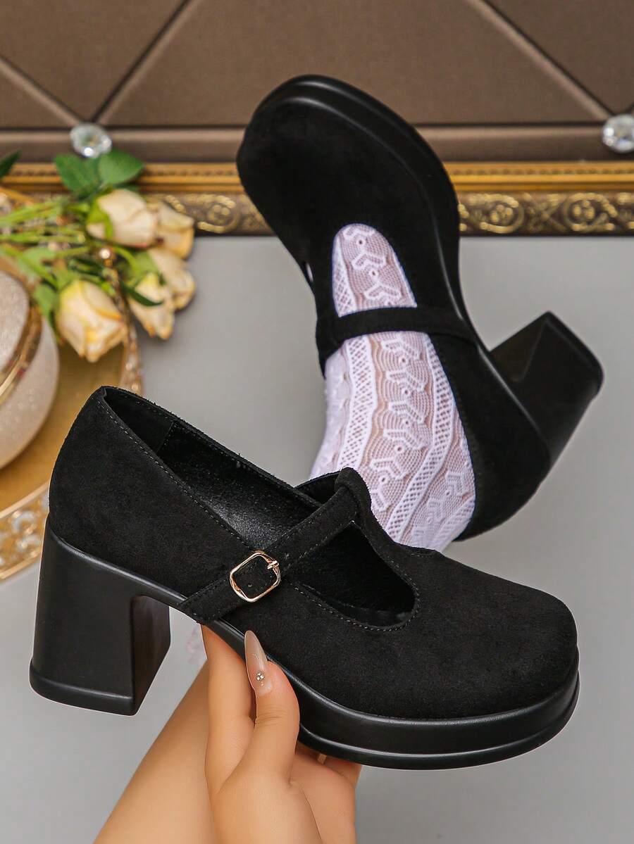 Sapatos Mary Jane vintage plus size femininos, novos sapatos sociais de salto grosso, estilo primavera/outono, simples, com salto baixo, de camurça preta e tiras, adequados para uso diário, trabalho, festas e ocasiões formais - Preto - Ver 1