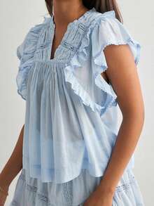 Women's Summer Loose Tank Tops Solid Color Lace Trim Flying Sleeve V-Neck Loose Fit Vest Streetwear - Blue - View 8