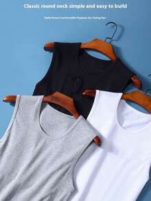3pcs Men's Sleeveless T-Shirt Undershirt, Solid Black/White/Grey, Crew Neck, Wide Shoulder, Thin Fabric, Sports & Fitness Wear