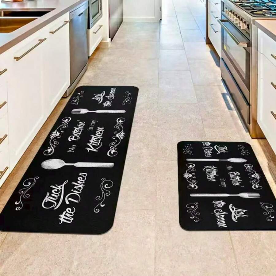 1/2pcs Black Kitchen Mat - Kitchenware Pattern & Text, Non-Slip Rubber Bottom, Diatomite Absorbent, Machine Washable Soft Polyester Carpet, Suitable For Bathroom, Bedroom, Entryway Home Decor, Comfortable Practical, Anti-Slip Design