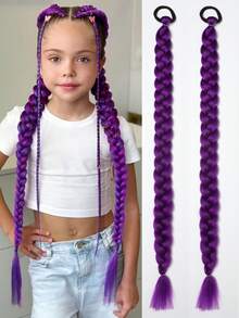 Kids Synthetic Braided Ponytail Extension With Elastic Rubber Band Long Straight Pony Tail For Girls Party 2pcs - Purple - View 16