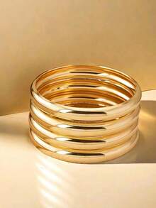 4pcs Gold Tone Chunky Bangle Bracelets, Fashionable Exaggerated Stacking Cuff Wristbands - 4 Smooth Bracelets - View 8