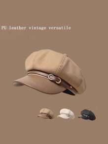 1pc Women's Seamless PU Leather Beret Hat, Solid Color Cloud Painter Cap, Newsboy Cap, Fashionable Versatile Beanie For Autumn/Winter, Suitable For Outdoor, Walking, Skiing, Riding, Travel, Party, Daily Use