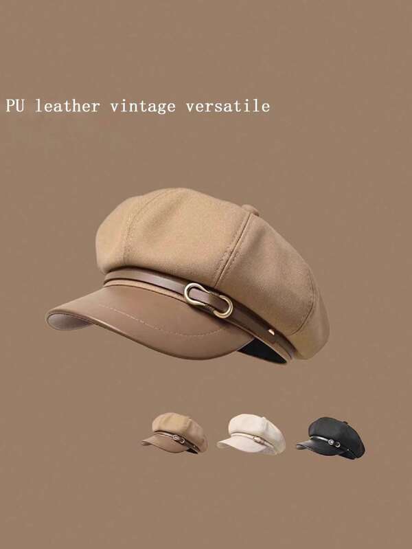 1pc Women's Seamless PU Leather Beret Hat, Solid Color Cloud Painter Cap, Newsboy Cap, Fashionable Versatile Beanie For Autumn/Winter, Suitable For Outdoor, Walking, Skiing, Riding, Travel, Party, Daily Use