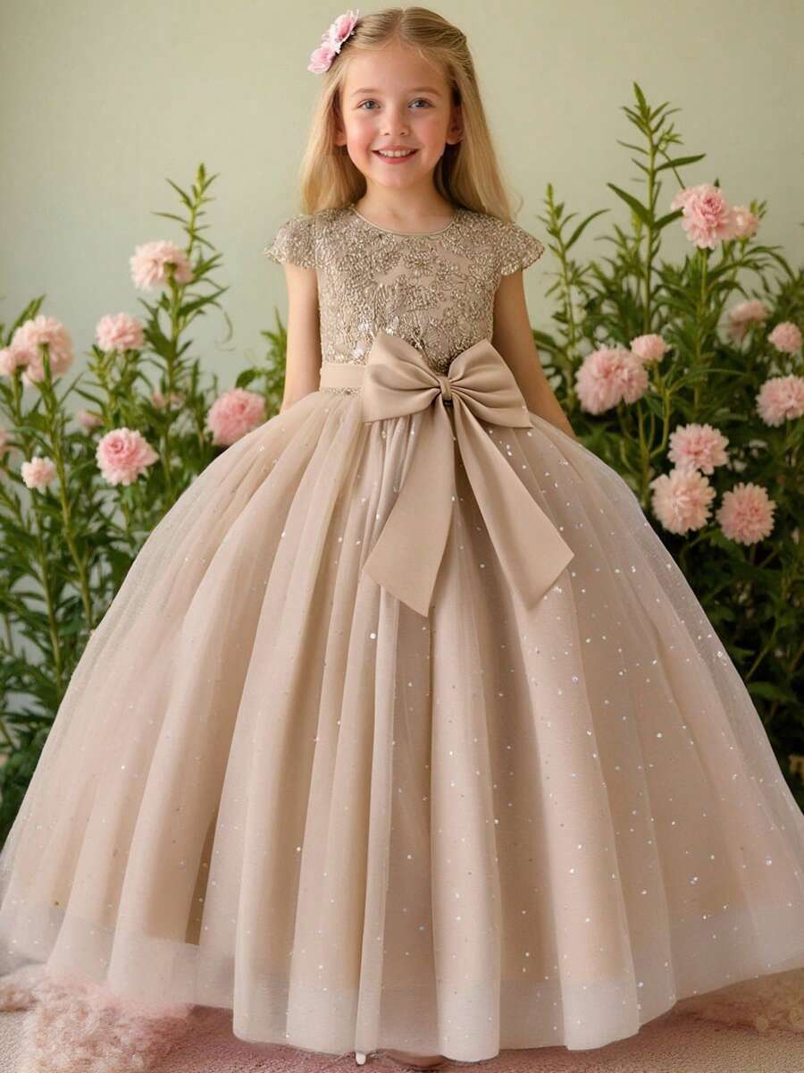 Princess Girls Embroidered Tulle Bow Decor Birthday Party Dress Formal Wear Flower Girl Wedding Pageant Long Gown - Rượu sâm banh - Xem 1