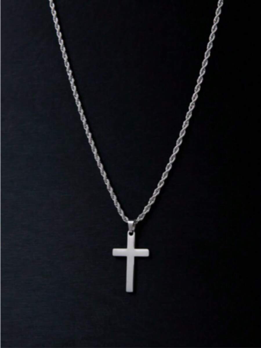 男士十字吊坠项链，适合日常佩戴 - 白色 - 查看 1