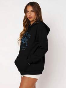 Love Joyy Shiny Rhinestone Pattern, Bondi Beach Coconut Trees And Surfing Pattern Solid Color Pullover Hoodie Loose Fit Dropped Shoulders With Pockets, Hot Rhinestone Craft Casual Summer Hooded Sweatshirt Fashion Clothing Daily Casual Wear