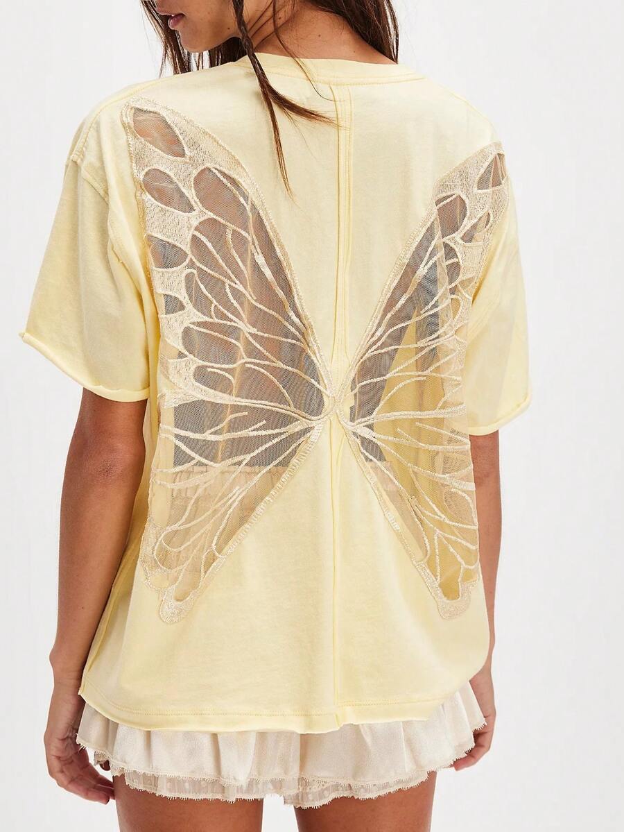 Butterfly See Through T Shirts For Women Oversized Short Sleeve Round Neck Back Sheer Mesh Tee Shirt Top Summer Party Club Going Out Tops Halloween Holiday Clothes Y2K Streetwear - 黃色 - 查看 1
