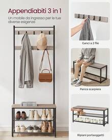 Appendiabiti, Armadio da ingresso, Spogliatoio, Stand appendiabiti, con panca e scarpiera, ganci, telaio in metallo 32 x 70 x 177 cm, stile moderno, col stile industriale,grezzo e nero, Regalo Natale - Grigio - Visualizzare 3