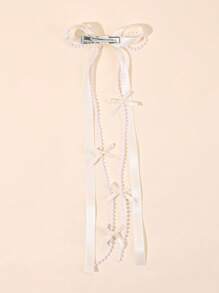 2 piezas Elegantes lazos de cinta para el cabello de niñas con cadena de perlas falsas, pinzas de cocodrilo con cola larga, pasadores de cabello para boda, vacaciones, dulces y lindos, accesorios para el cabello de adolescentes, regalo festivo