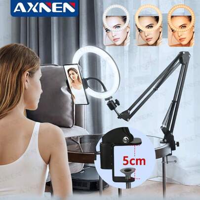 AXNEN 10英寸LED环形灯，带可调节不锈钢折叠臂支架，3种照明模式和可调亮度，适用于直播、摄影、视频录制、化妆和现场直播，兼容所有智能手机（iOS/Android）