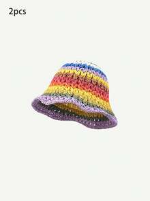 1pc Women Color Block Striped Straw Bucket Hat For Beach ,Color Random ,Suitable For Daily Wear And Summer Outings And Vacation For Sun Protection Boho - Rainbow - View 27