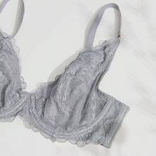 Women's Sexy Lace Bra Non-Padded Underwire See Through Unlined Bra Mesh Sheer Plunge Low Cut Braletteshalloween - Grey - View 9