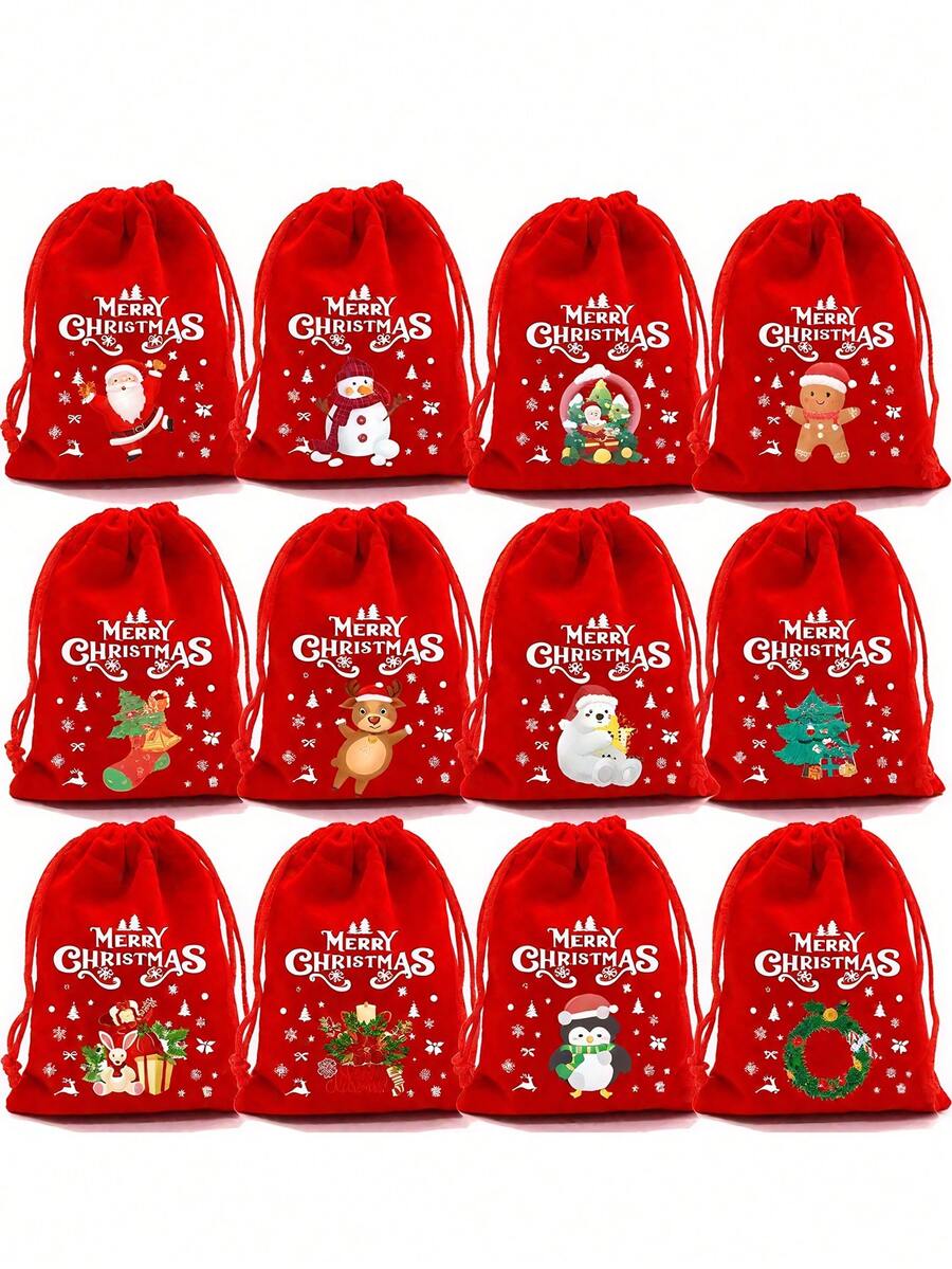 12PCS Christmas Drawstring Bags, Reusable Small Wrapping Bags For Xmas Presents, Christmas Velvet Drawstring Bags Bulk Santa Gift Bags For Candy Wrapping Goodie With Ribbon Drawstring For Xmas Holiday Party Supplies,Christmas Drawstring Gift Candy Bags Small Red Pouch Xmas New Year Party Decor Velvet Bracelet Jewelry Packaging Bag,3.54x4.72inch