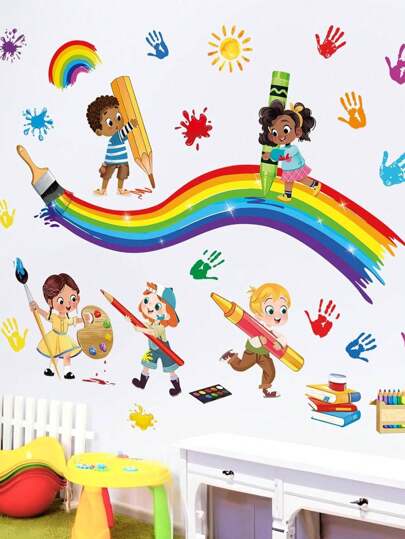 2pcs/1PC Wall Decals -[Rainbow Doodle For Kids] PVC Self-Adhesive Removable Wall Stickers For Nursery, Kids' Room, Playroom, Or Classroom – Cute & Creative Wall Decor For Any Space