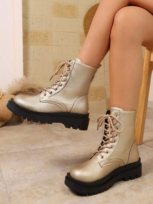 Women's Lace-Up Black And Gold Motorcycle Boots, Comfortable And Warm Solid Color Boots For Autumn/Winter, Suitable For Pairing With Hoodies And Fall Outfits, Valentine's Day