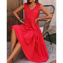 Womens Tiered Tank Dress Summer Sleeveless Solid Color A-Line Dress Long Flowy Dress - Red - View 1
