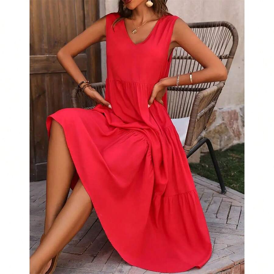 Womens Tiered Tank Dress Summer Sleeveless Solid Color A-Line Dress Long Flowy Dress - Red - View 1