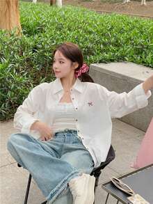 刺绣纽扣前襟春季新款韩版百搭蝴蝶结刺绣宽松休闲翻领长袖衬衫 - 白色 - 查看 4