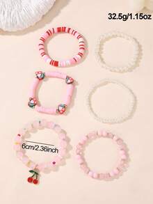 6pcs/Set Girls' Soft Clay Faux Pearl Beaded Cherry Bracelet Set, Suitable For Teenagers - Multicolor - View 5