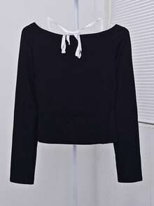 女士露肩蕾丝吊带蝴蝶结优雅长袖修身束带上衣 - 黑色 - 查看 8