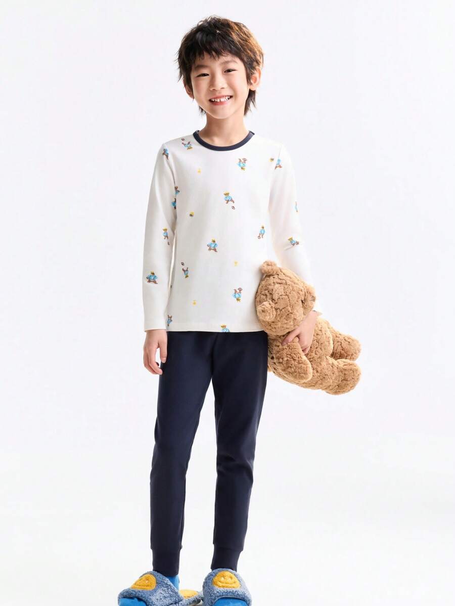 Annil Children's Clothing For Boys, Boys, Middle-Aged And Young Children, Autumn Shirt And Pants Set, Autumn Bear Printed Home Warm Clothes - Blue and White - View 1