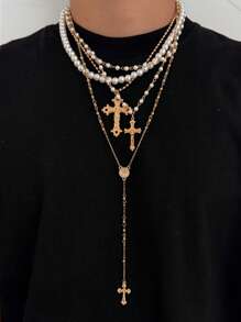 4pcs Vintage Punk Style Metal Cross Pendant Y-Necklace, Men's Hip Hop Fashion Faux Pearl Beaded Multi Layer Necklace Set