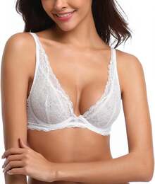 Women's Sexy Lace Bra Non-Padded Underwire See Through Unlined Bra Mesh Sheer Plunge Low Cut Braletteshalloween - Grey - View 5