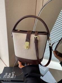 1pc Fashion Color Block Canvas Patchwork Buckle Strap Handbag With Detachable Shoulder Strap - Multicolor - View 5