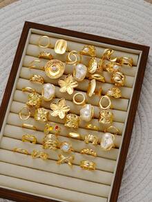 6-14pcs Fashion Punk Asymmetrical Chunky Floral Baroque Faux Pearl Gold Tone Ring Set For Women, Suitable For Holiday, Date, Party, Gift, Daily Wear (No Box) - Yellow Gold - View 4