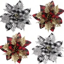 1 pièce/4 pièces Décoration de Noël à fleurs rouges à carreaux de bison avec paillettes, convient pour la décoration de couronne de Noël, mariage, fête, accessoires de couronne de Noël, décorations pour sapin de Noël, fleurs de Noël à carreaux pailletées, accessoires photo, décoration de maison, Noël, Thanksgiving, anniversaire, rassemblement familial, décorations de Noël de couleur et de style aléatoires pour la décoration de la pièce d'hiver