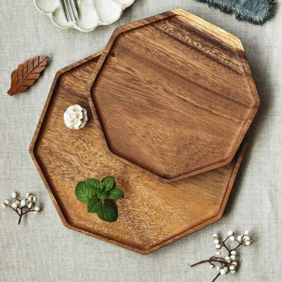 Octagonal Tea Serving Tray Acacia Wooden Dinner Plate Large Appetizer Snack Food Coffee Dishes Kitchen Wood Serving Tray