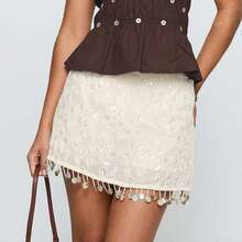 Sequin Mini Skirt For Women Summer Fashionable Versatile Solid Color Elegant Short Skirt Flower Embroidery A Line High Waist Pencil Skirts Bodycon Dance Party Clubwear - trắng - Xem 5