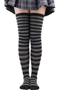 A Pair Of Black And Gray Female Striped Knee-High Stockings, Suitable For Outdoor Sports.