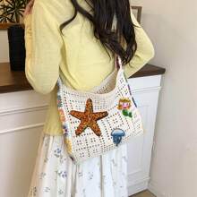 Marine Life Pattern Vintage Hollow Tote Bag, Large Capacity, Starfish & Mermaid Embroidery, Sequin, Shiny Mesh, Knitted Hollow Summer Beach Bag, Shoulder Strap, Women Casual Crochet Handbag, Y2K Shoulder Bag, Suitable For Beach, Holiday, Travel, Gift For Her