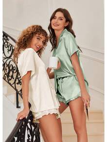 Womens Satin Pajamas Set Button Down 2 Piece Silk Pjs Shorts Set Ruffle Lingerie Notch Collar Sleepwear - Light Green - View 3