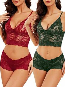 Floral Lace Lingerie Set High Waist Sleepwear Bra And Panty 2 Piece Nightwear 2025 Back-To-School Season Fall Pjs - 勃根地紅 - 查看 1
