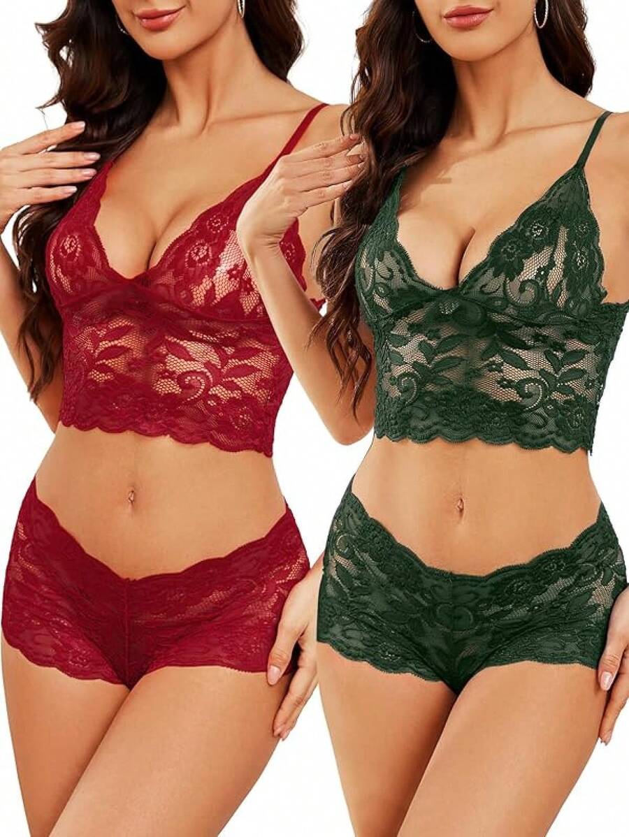 Floral Lace Lingerie Set High Waist Sleepwear Bra And Panty 2 Piece Nightwear 2025 Back-To-School Season Fall Pjs - 勃根地紅 - 查看 1