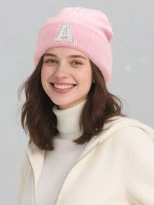 1pc Women's Fashion 26 Faux Pearl Letter Decor Elastic Warm Knit Hat, Outdoor Cold-Proof Cap, Suitable For Autumn/Winter Daily Wear, Matching, Great Gift Autumn Accessories - Pink - View 2
