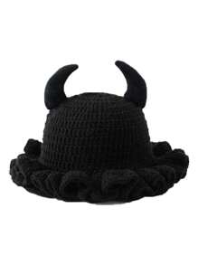 1 件男女通用手工针织无檐便帽，荷叶边渔夫帽，骷髅、南瓜、角图案，趣味角色扮演拉法帽 - 彩色 - 查看 18