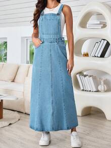 女士休闲口袋长款牛仔背带裙 - 淺色水洗藍 - 查看 3
