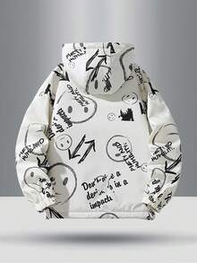 Men's Long Sleeve Fashion Letter Graffiti Foil Print Casual Hooded Jacket With Big Pockets And Zipper, Warm Thermal Lined, Versatile For Winter - White - View 2