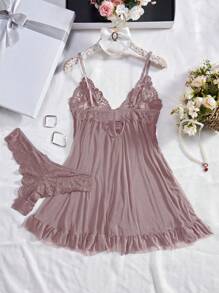 Conjunto de dos piezas con escote en V sexy y ribete de encaje, pijamas sexy para mujer, bata con abertura alta que revela los muslos