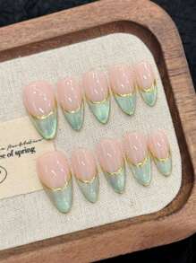 10Pcs Middle Almond Handmade Press On Nails For Party And Daily , Light Green Nails,Matcha Color Nails, Shiny,Easy To Wear 10 Pcs Y2K Handmade Press On Nails,Summer Style,Suitable For Girls And Women Festivals Parties And Daily Wear Nail Supplies Nails