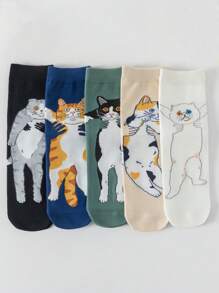 5 Paar Damen süße Katzen-Großaugen-Muster Socken, modisch, lustig, weich, bequem, atmungsaktiv, elastisch, geeignet für Lässig, Sport und Alltag, ganzjährig