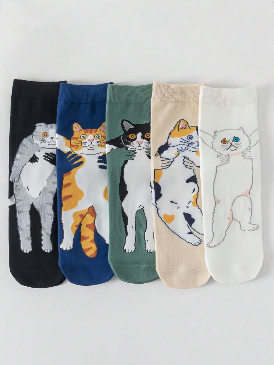 5 Paar Damen süße Katzen-Großaugen-Muster Socken, modisch, lustig, weich, bequem, atmungsaktiv, elastisch, geeignet für Lässig, Sport und Alltag, ganzjährig