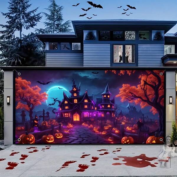 Cortina de ventana para puerta de garaje de casa embrujada de Halloween a prueba de agua - Fácil instalación, adecuada para decoración de vacaciones en villa y almacén