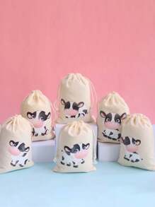 10*15cm Sac à cordon de thème de la ferme des animaux, sac à motif de vache de dessin animé mignon, sac cadeau pratique convenant pour la fête, l'emballage de cadeau d'anniversaire, avec de multiples designs de vache de dessin animé, sac de décoration de vacances chaleureux et intéressant